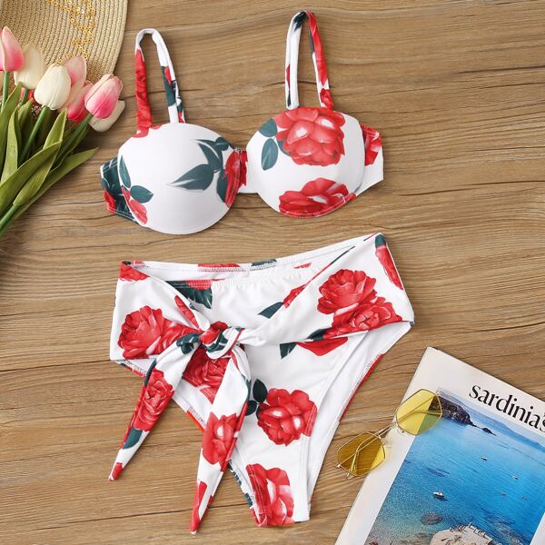 

Random Floral Push Up High Waist Bikini Swimsuit, Multicolor