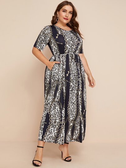 Plus Chain And Leopard Print Pocket Detail Dress