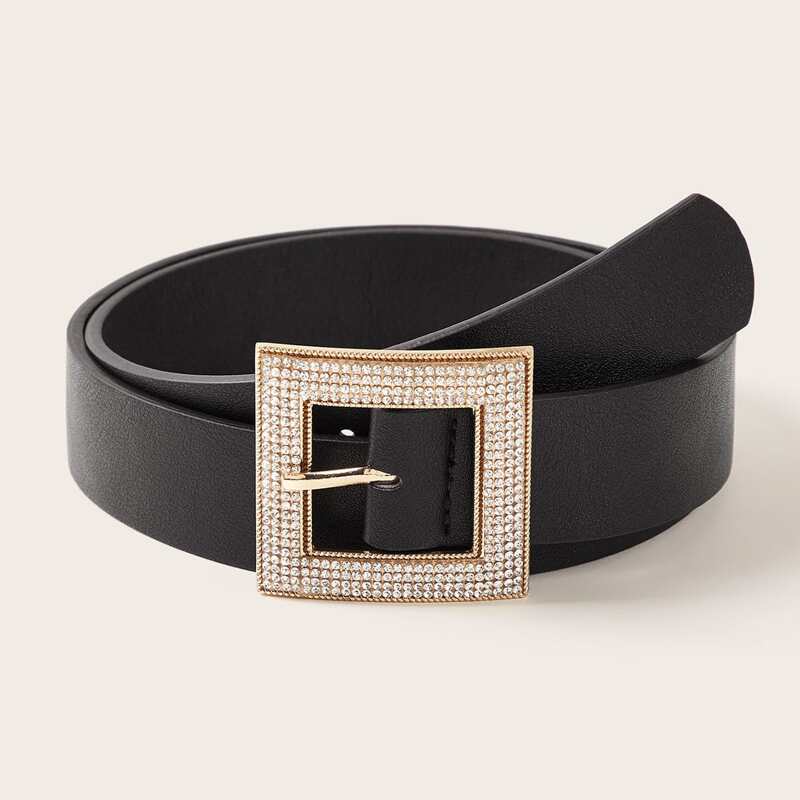 

Rhinestone Engraved Square Buckle Belt, Black