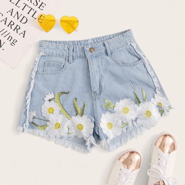 

Floral Embroidery Raw Hem Denim Shorts, Blue