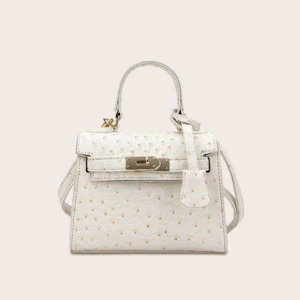 

Girls Twist Lock Ostrich Satchel Bag, Beige