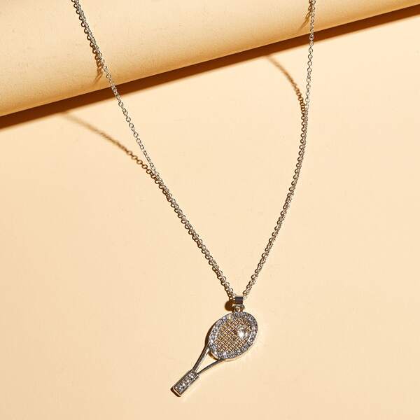 

1pc Rhinestone Engraved Racket Charm Necklace, Silver