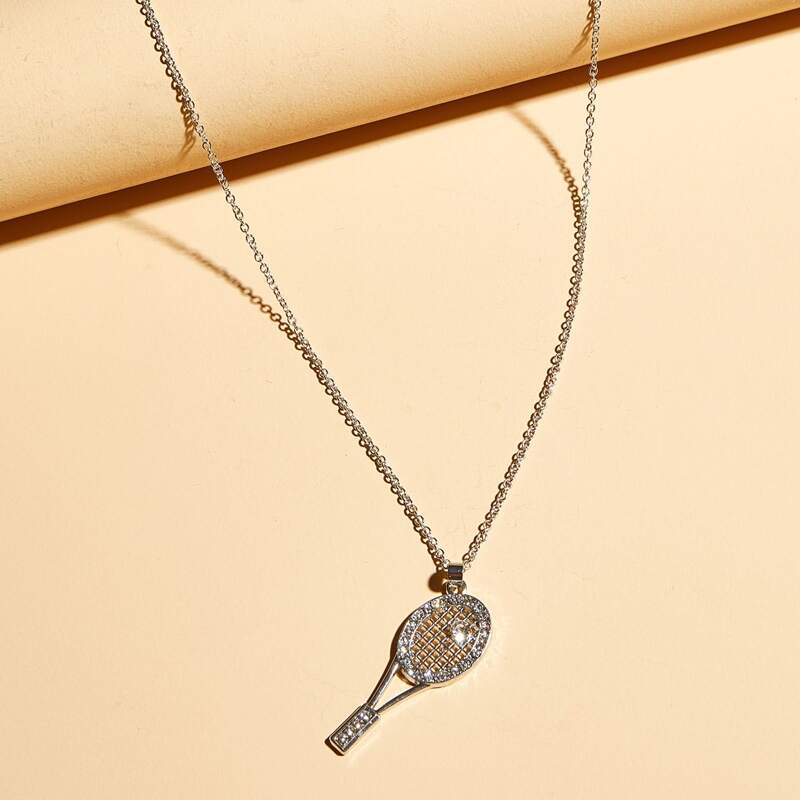 

1pc Rhinestone Engraved Racket Charm Necklace, Silver