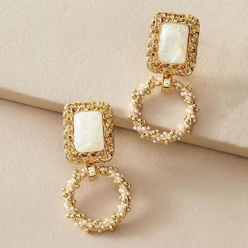 

1pair Textured Square Drop Earrings, Gold