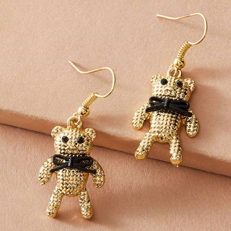 

1pair Bow Knot Decor Bear Drop Earrings, Gold