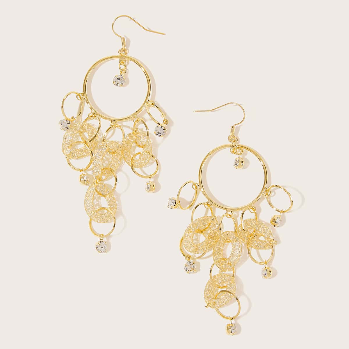

1pair Rhinestone Engraved Ring Tassel Drop Earrings, Gold