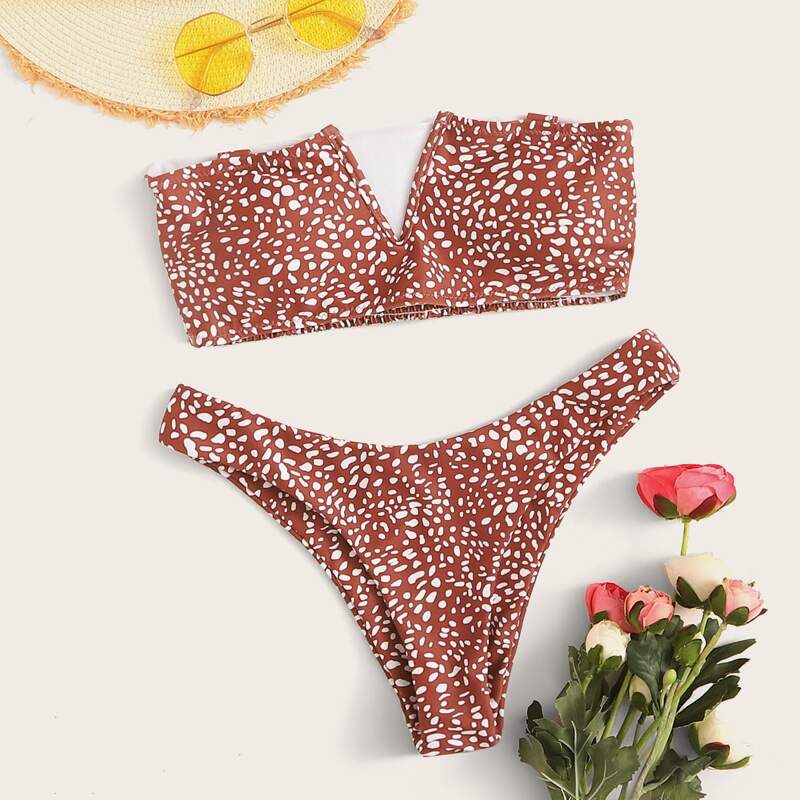 

Allover Print Bandeau High Cut Bikini Swimsuit, Red
