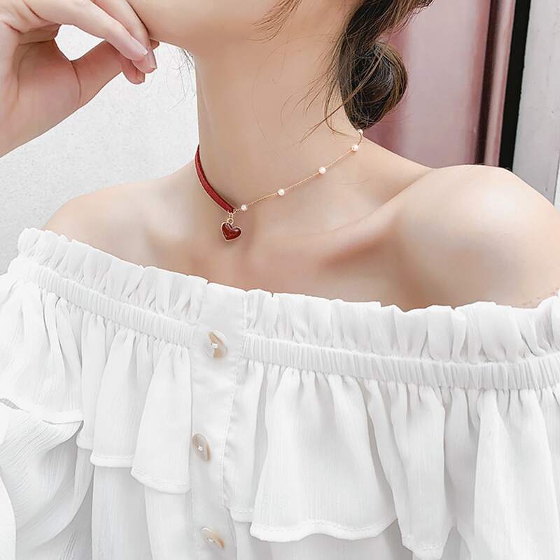 

1pc Faux Pearl Decor Heart Charm Necklace, Multicolor