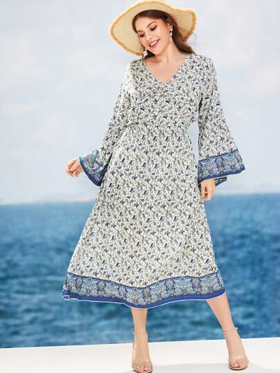 Plus Paisley Print Flounce Sleeve A-line Dress
