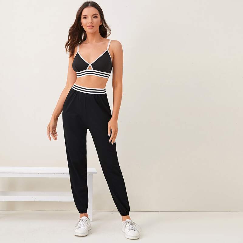 

Contrast Binding Striped Pajama Set, Black
