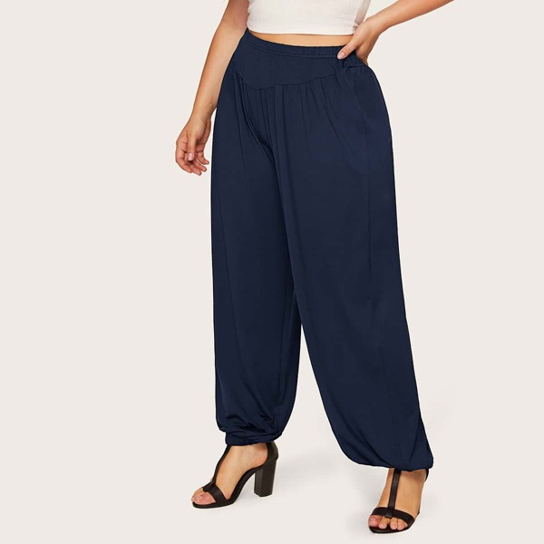 

Plus Solid Elastic Hem Lantern Pants, Navy
