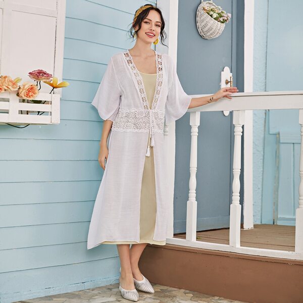 

Contrast Lace Knot Front Tassel Kimono, White