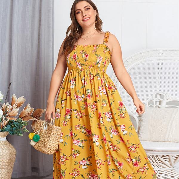 

Plus Floral Frill Shirred A-line Dress, Yellow