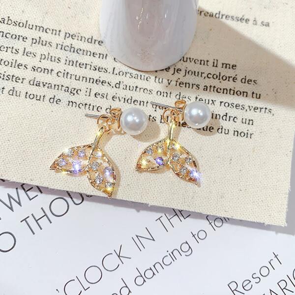 

1pair Pearl Decor Rhinestone Decor Fishtail Drop Earrings, Gold