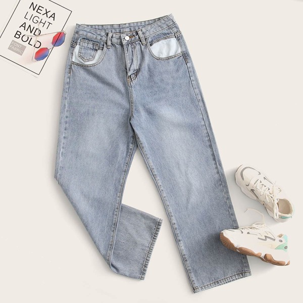 

Slant Pocket Zip Fly Mom Jeans, Blue