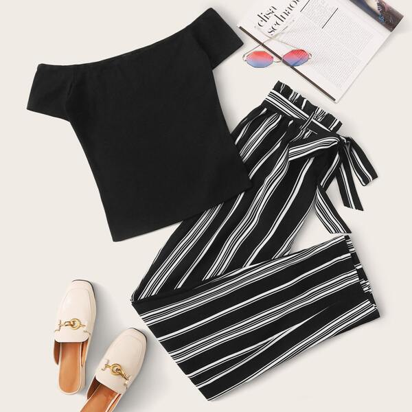 

Solid Bardot Top & Paperbag Waist Belted Striped Pants Set, Black