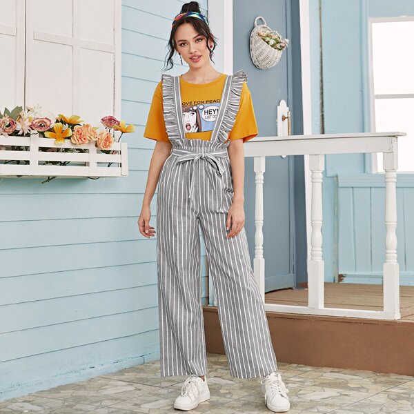 

Ruffle Trim Paperbag Waist Belted Striped Suspender Jumpsuit, Grey