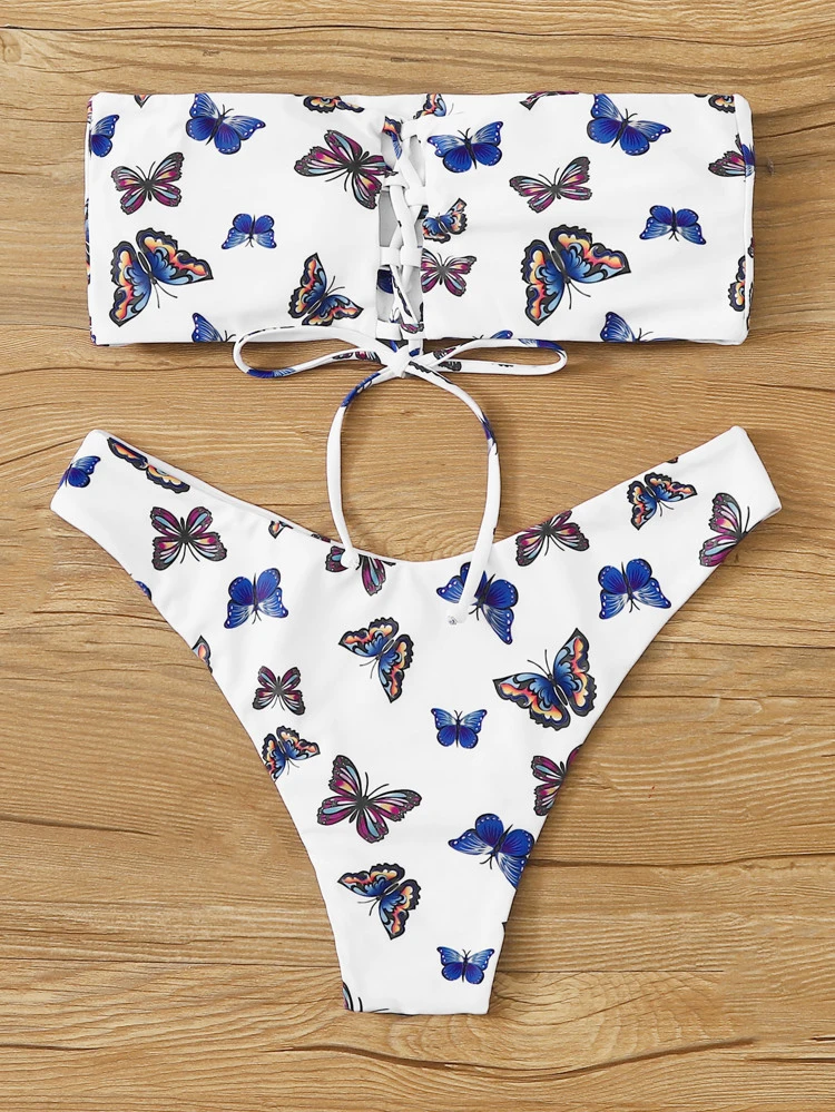 Butterfly Print Lace Up Bandeau High Cut Bikini Swimsuit Shein Usa