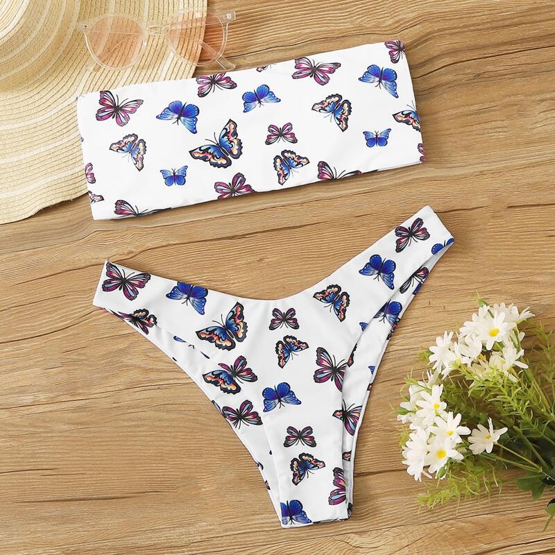 

Butterfly Print Lace Up Bandeau High Cut Bikini Swimsuit, Multicolor