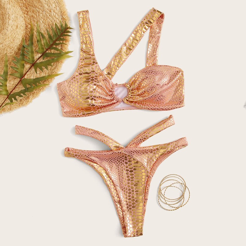 

Croc Print Metallic High Cut Bikini Swimsuit, Pink