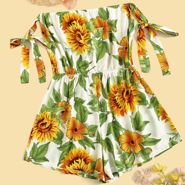 

Plus Sunflower Print Knot Front Romper, Multicolor