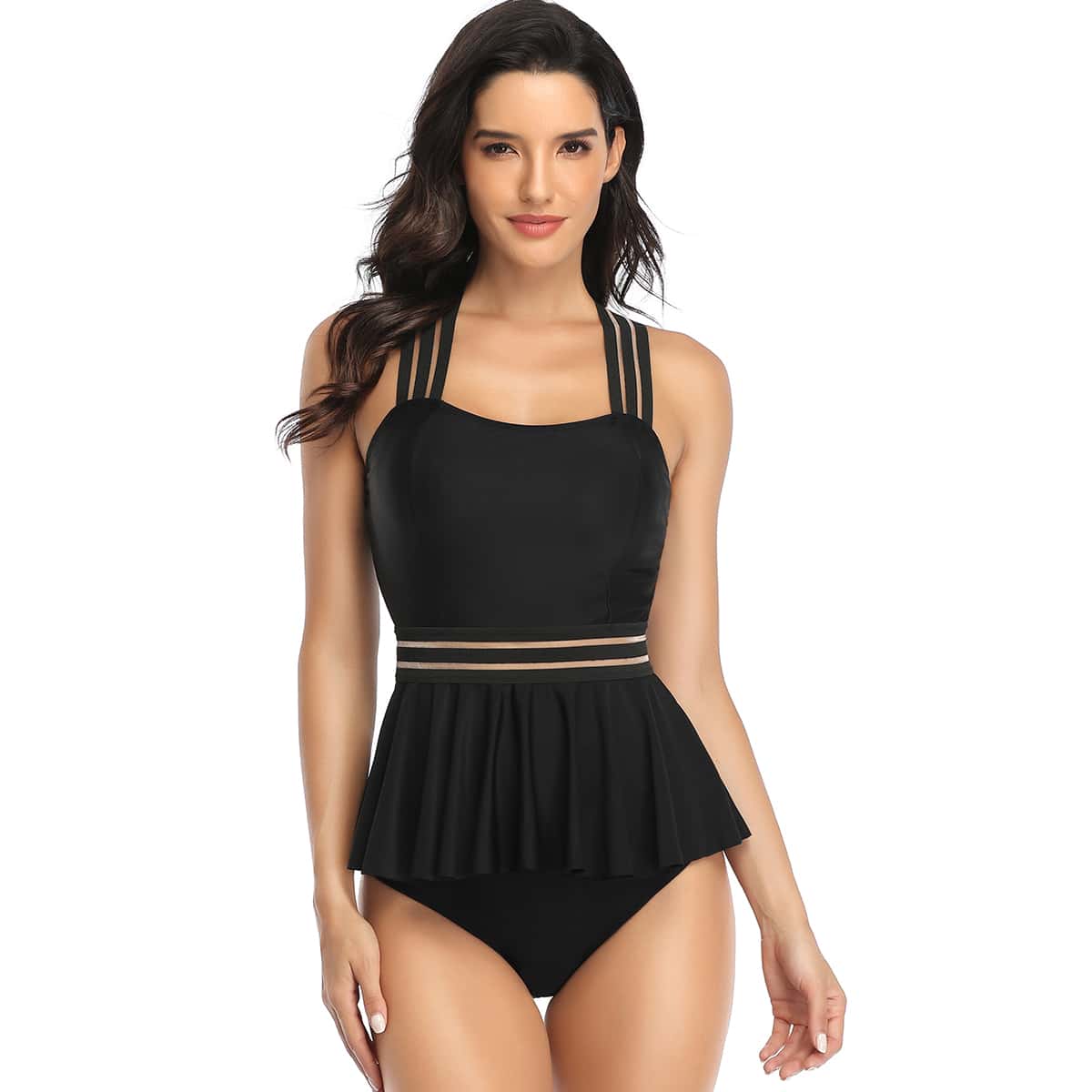 

Criss Cross Ruffle Hem High Waisted Bikini Swimsuit, Black