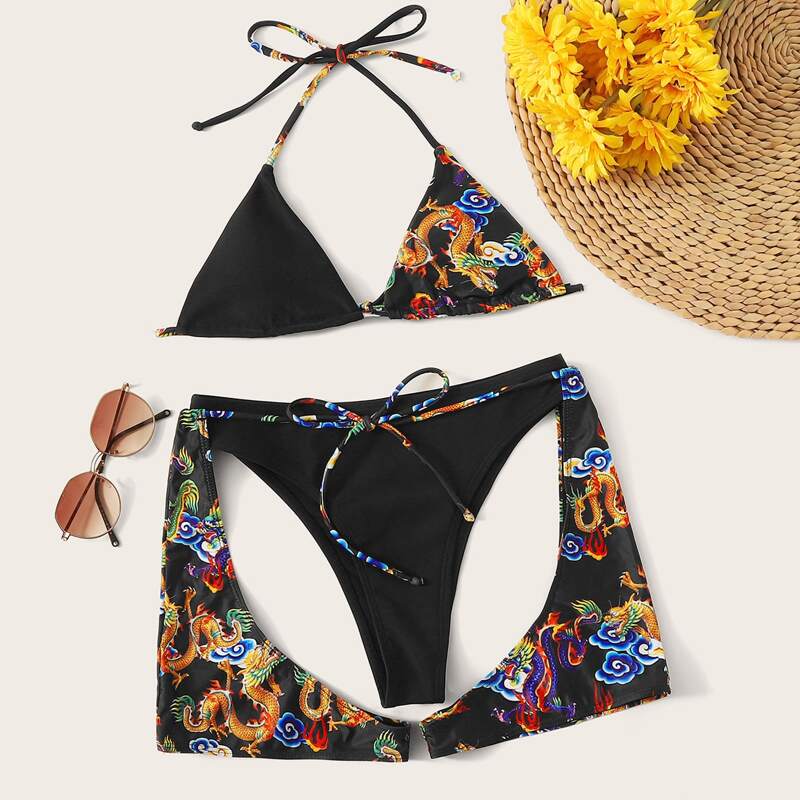 

Dragon Pattern Triangle Bikini Swimsuit With Garter, Multicolor