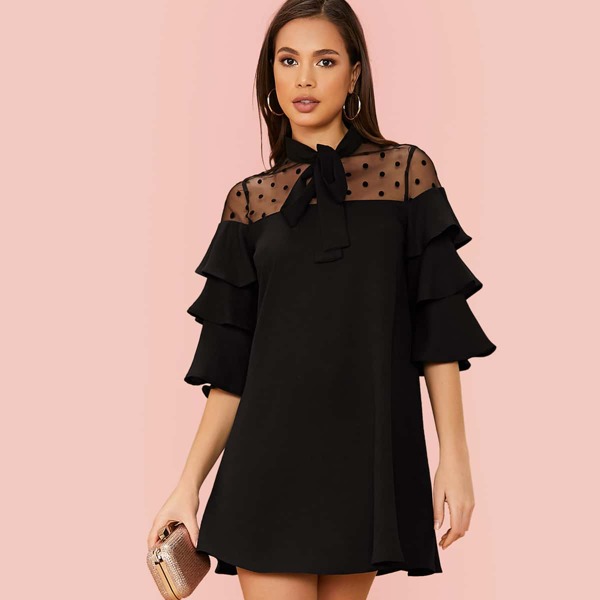 

Tie Neck Dot Mesh Yoke Layered Ruffle Sleeve Dress, Black