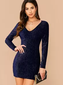 SHEIN v領條紋閃亮天鵝絨連衣裙 - 藏蓝色 - 查看 1