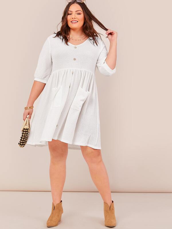 Button front waffle knit smock dress Outlet