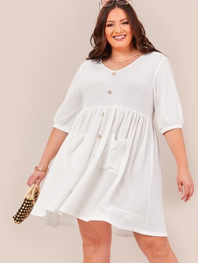 Button front waffle knit smock dress Outlet