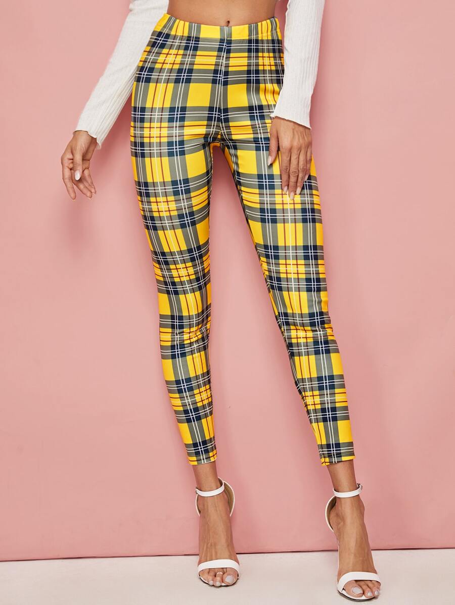 SHEIN Leggings de tartán de cintura elástica - Amarillo - Ver 1
