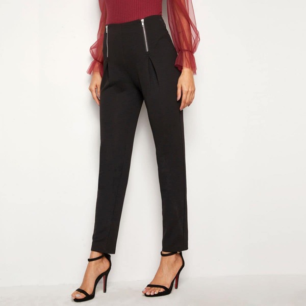 

Zipper Front Fold Pleated Detail Pants, Black