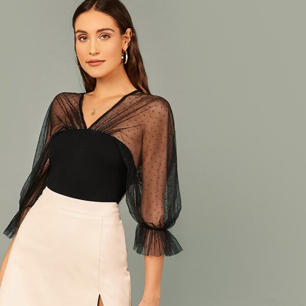 

Bell Sleeve Dot Mesh Sheer Yoke Top, Black