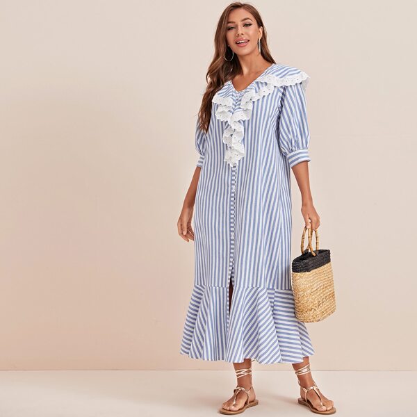 

Contrast Trim Striped Button Front Ruffle Hem Dress, Blue