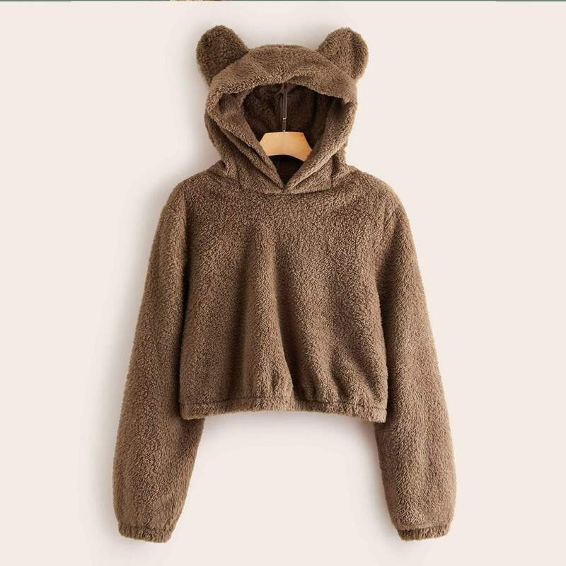 Solid Teddy Ear Hoodie, Brown