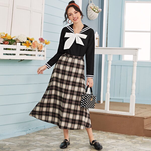 

Tie Neck Sailor Collar Top & Plaid Skirt Set, Multicolor