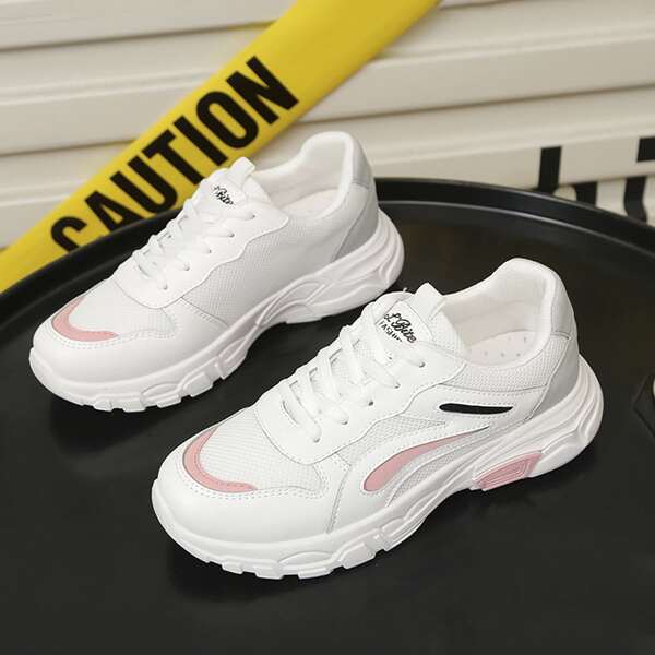 

PU Panel Lace-up Front Sneakers, White