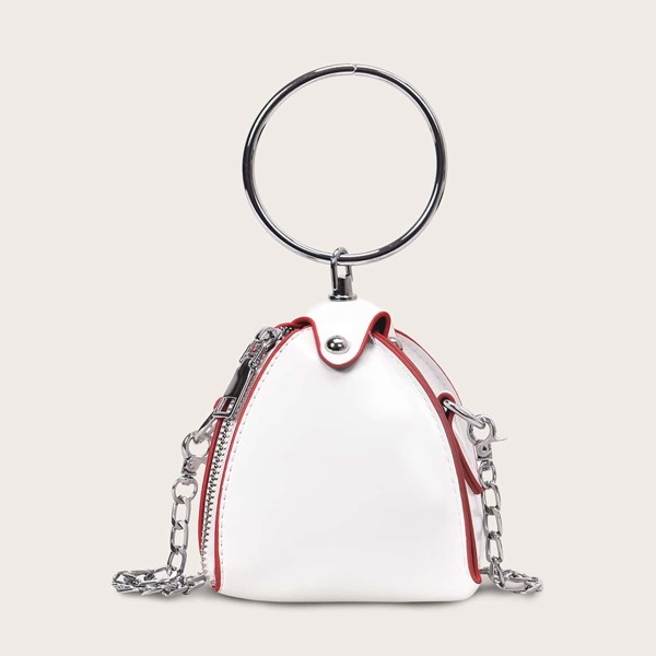 

Mini Zipper Detail Chain Satchel Bag With Ring Handle, White