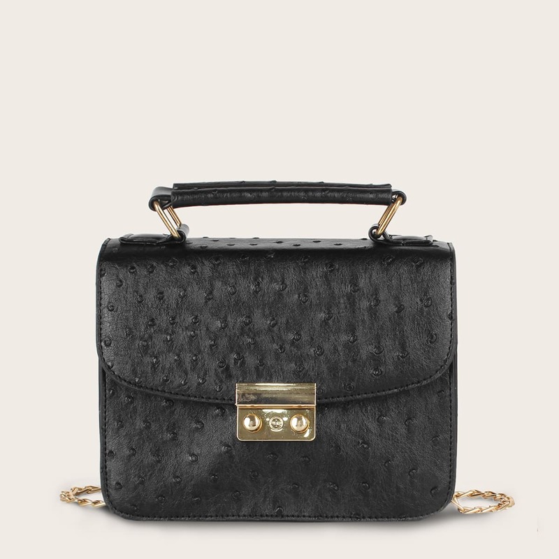

Ostrich Flap Chain Satchel Bag, Black
