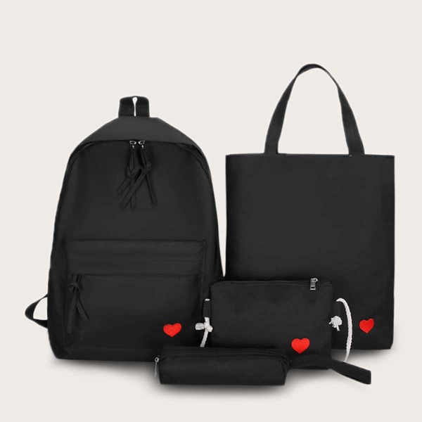 

4pcs Heart Pattern Bag Set With Pencil Case, Black