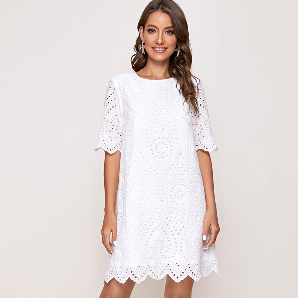 

Scallop Trim Schiffy Dress, White