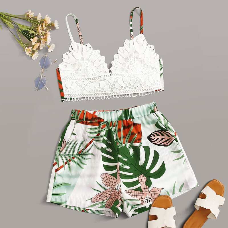 

Tropical Print Knot Chiffon Cami Top & Shorts, Multicolor