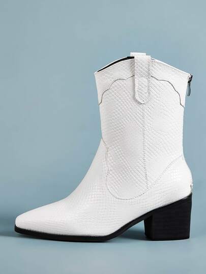 Lizard Print Point Toe Zip Back Chunky Boots