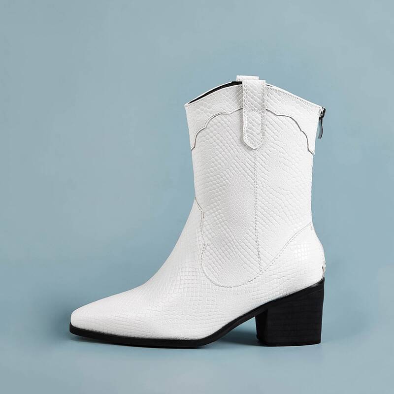

Lizard Print Point Toe Zip Back Chunky Boots, White