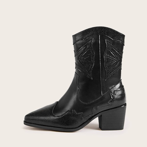 

Lizard Print Point Toe Chunky Heeled Boots, Black