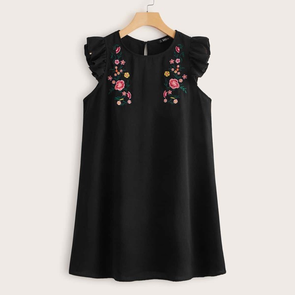 

Ruffle Trim Floral Embroidery Dress, Black