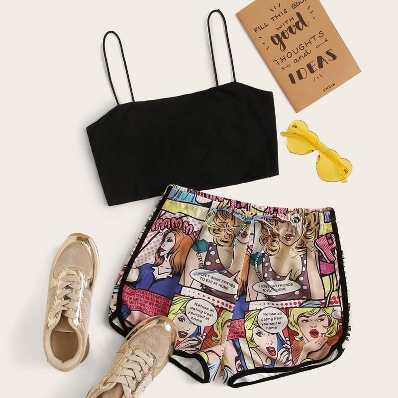 

Crop Cami & Pop Art Print Dolphin Shorts Set, Multicolor