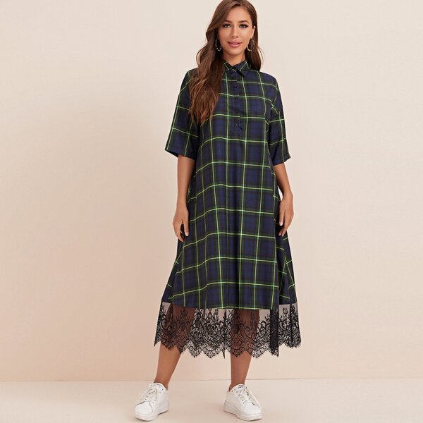 

Eyelash Lace Hem Plaid Shirt Dress, Multicolor