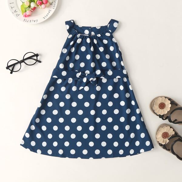 

Toddler Girls Halter Self Tie Polka Dot Flared Dress, Navy